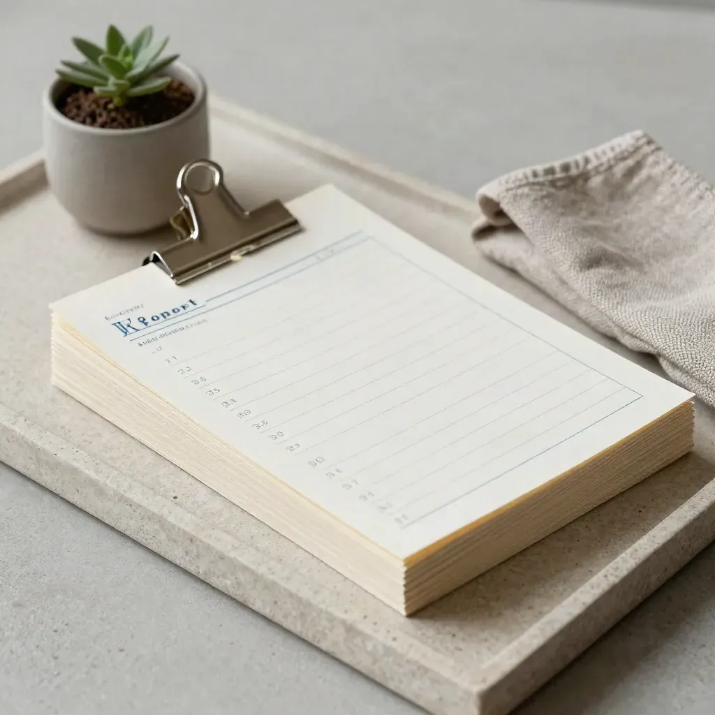 Monthly report cards clipped on a stone tray beside a small plant and folded cloth