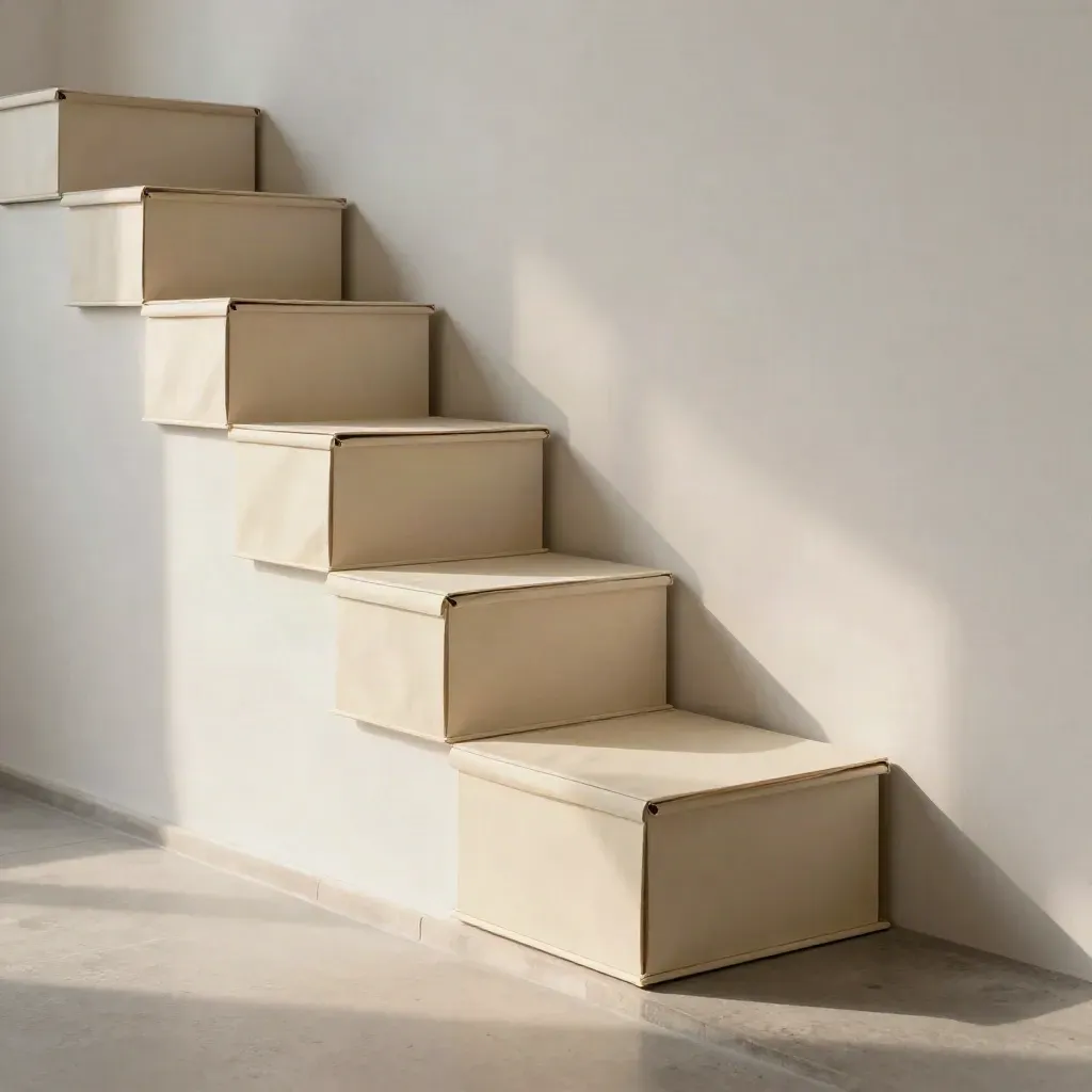 Stepped archive boxes and cream sleeves climbing a plaster stair landing at dawn