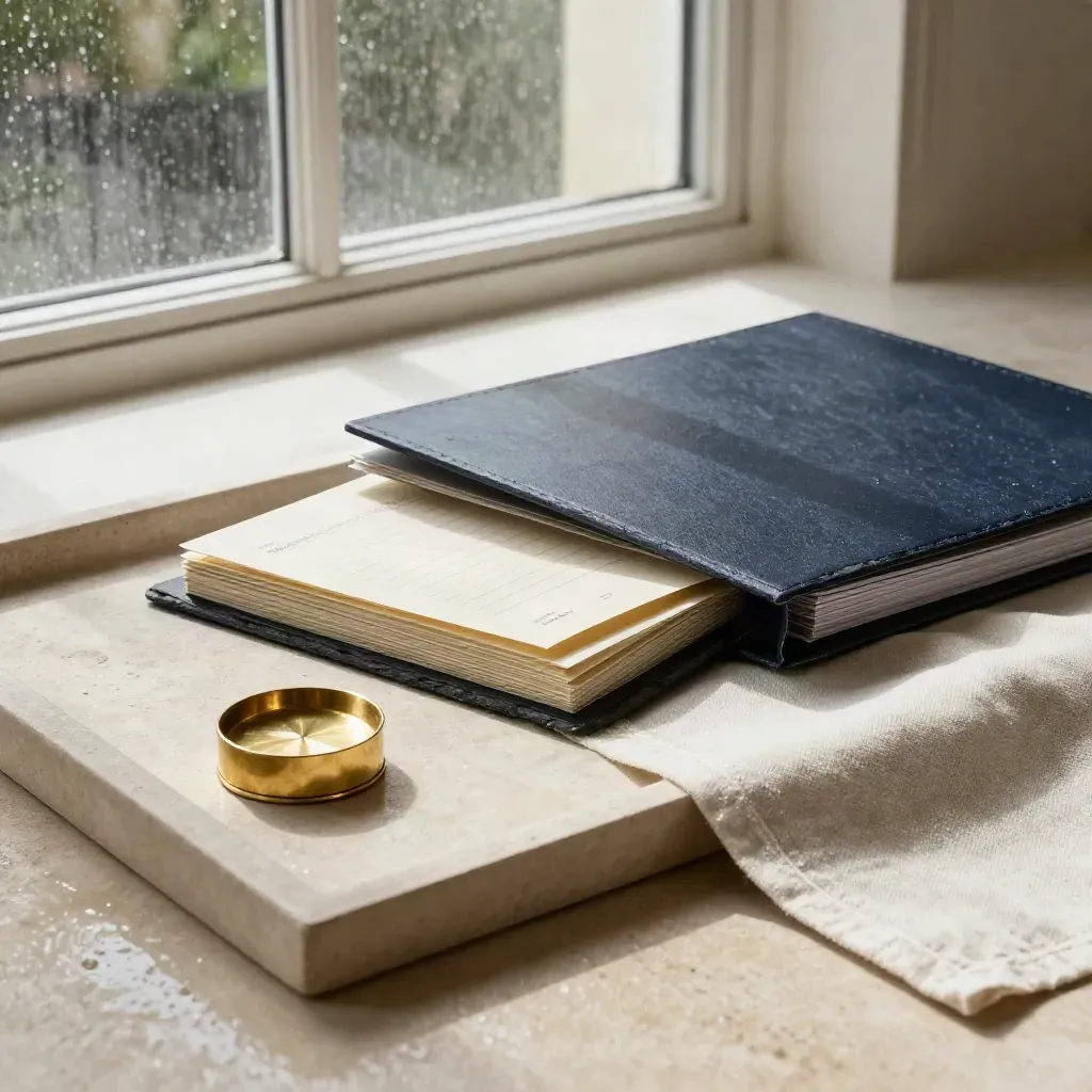 Rain-wet bond folders and brass paperweight on stone in soft London light.