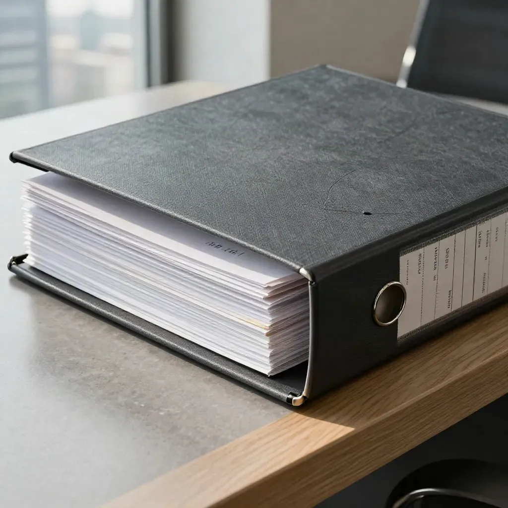 Close-up of binders, steel trays and oak ledge in a bright boardroom