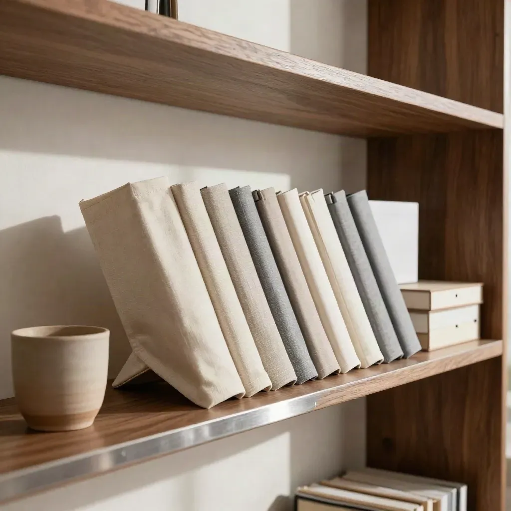 Bond sleeves and a clay cup on a bright office shelf in warm morning light.