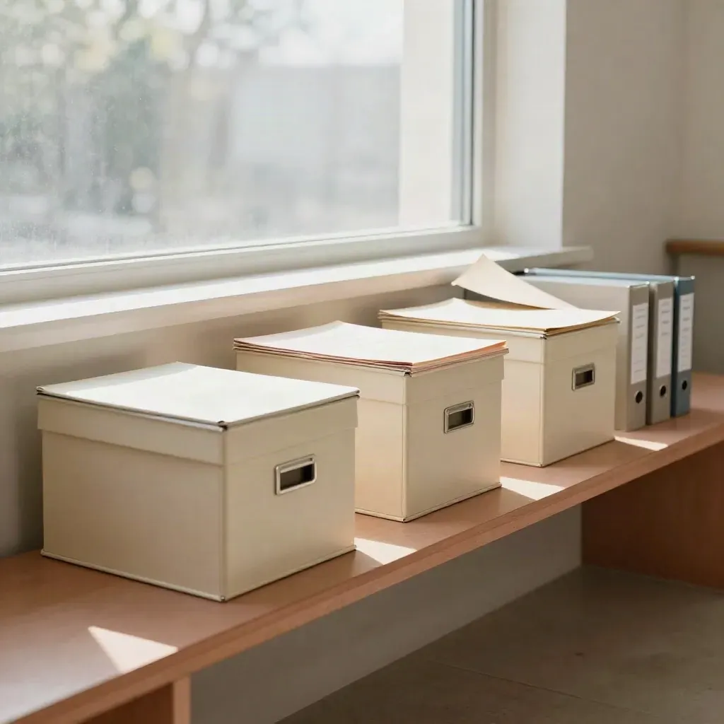 Cream archive boxes rising along a bench toward a bright window in morning light
