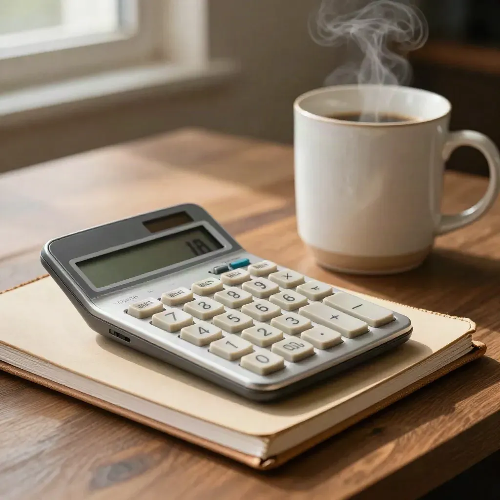 Calculator, steaming mug and ledger sleeve on a walnut desk in warm morning light.