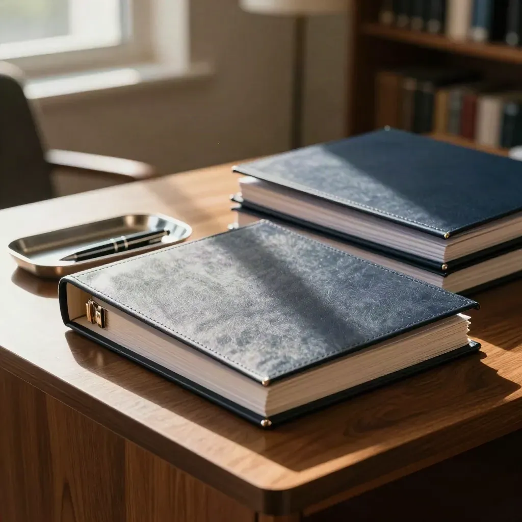 Three dark credit fund binders and a steel pen tray on a dusk-lit walnut table.