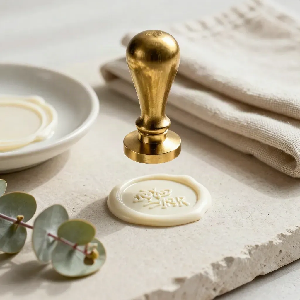 Brass gilt seal stamp over wax with ceramic dish, linen, eucalyptus on pale stone.