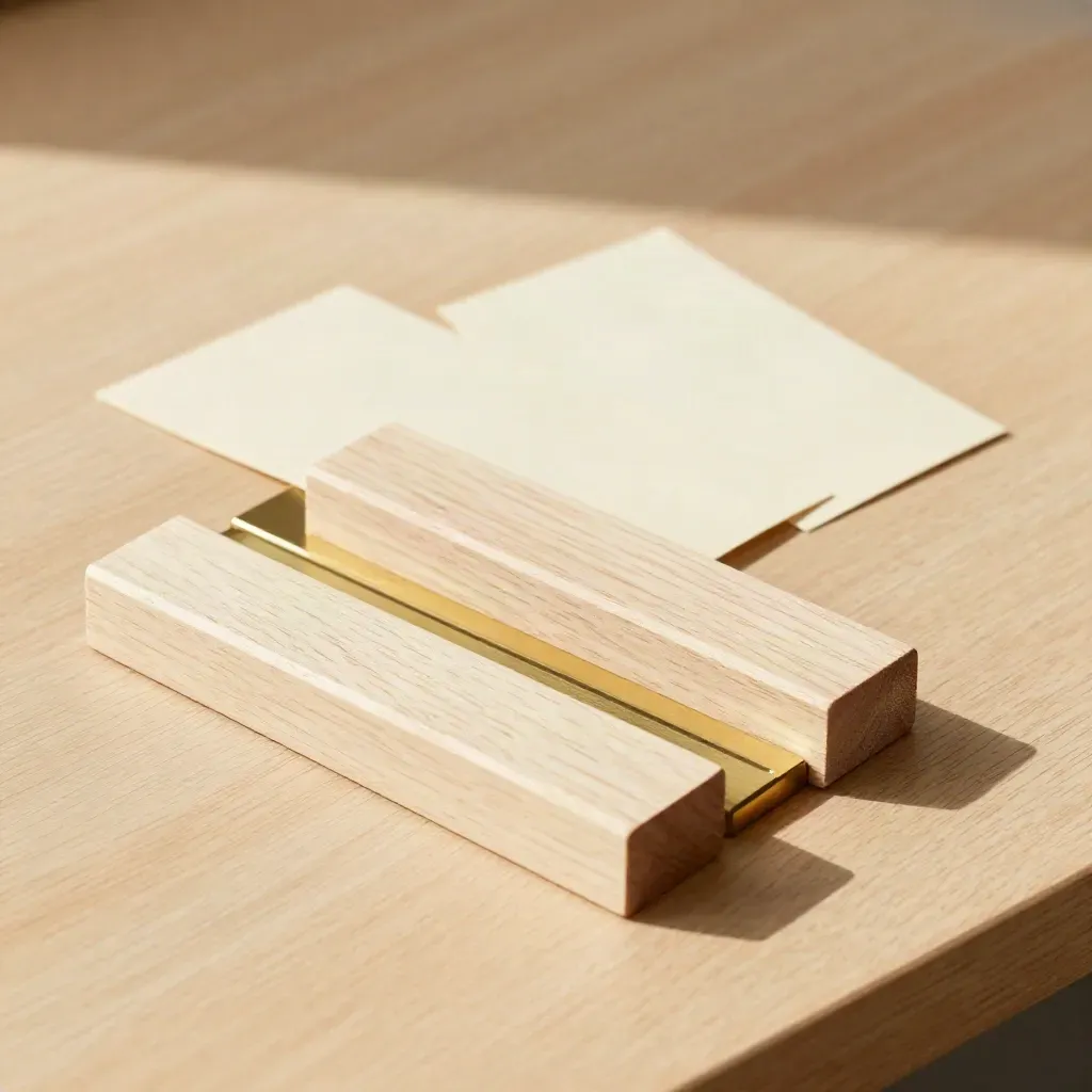 Wooden ladder blocks, brass spacer, and cream cards on a pale wood desk