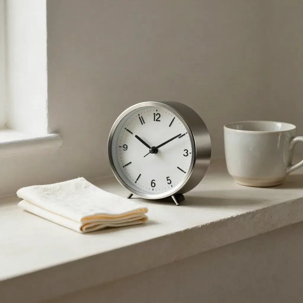 Brushed-metal clock, cream note sleeve and ceramic cup on a pale plaster shelf in soft window light.
